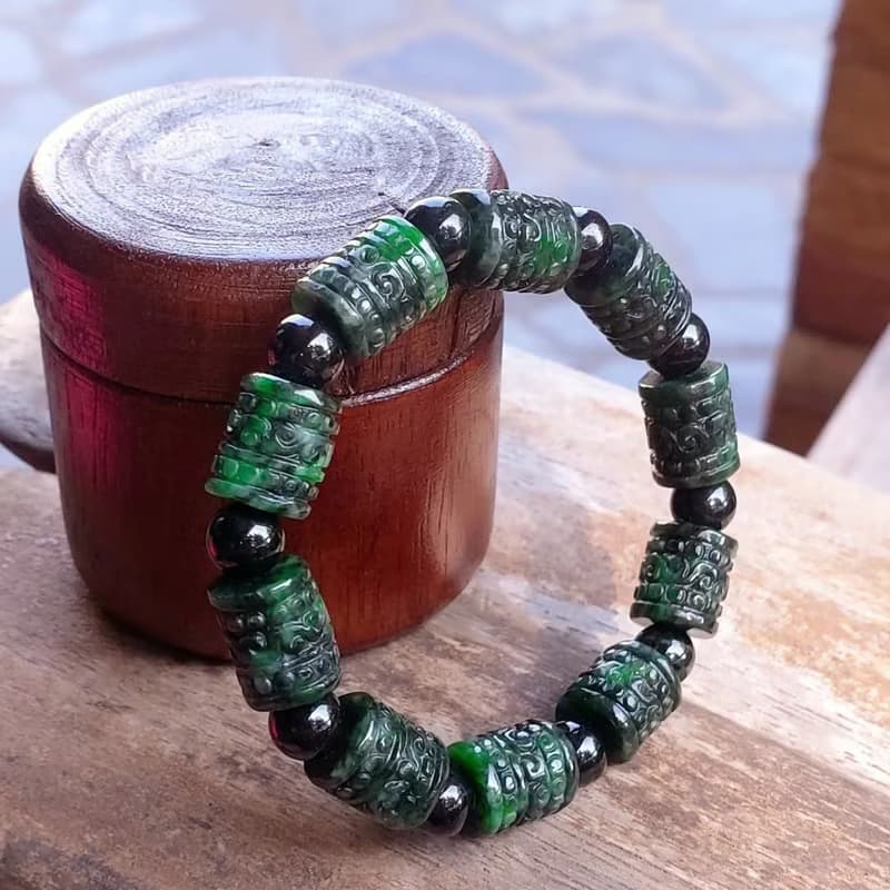 Burmese Jade Bracelet Dark Geen with Black Jade Auspicious Clouds Carved 10.5 mm