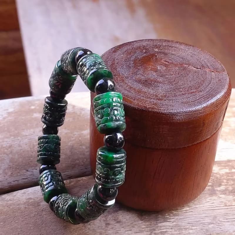 Burmese Jade Bracelet Dark Geen with Black Jade Auspicious Clouds Carved 10.5 mm
