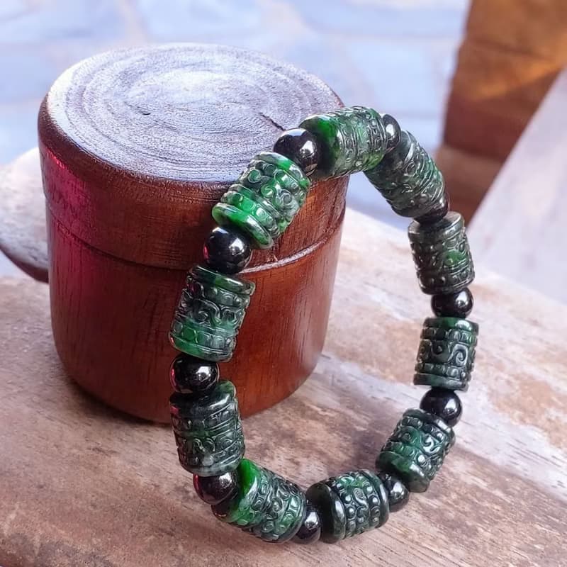 Burmese Jade Bracelet Dark Geen with Black Jade Auspicious Clouds Carved 10.5 mm