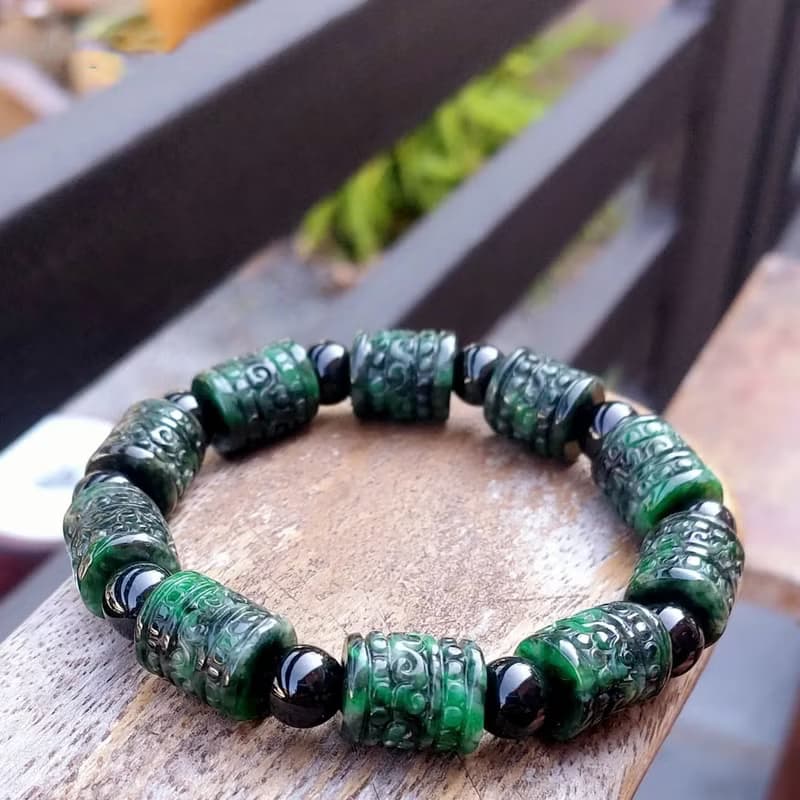 Burmese Jade Bracelet Dark Geen with Black Jade Auspicious Clouds Carved 10.5 mm