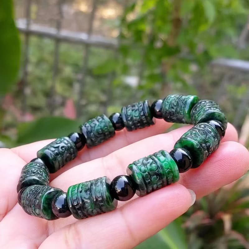 Burmese Jade Bracelet Dark Geen with Black Jade Auspicious Clouds Carved 10.5 mm