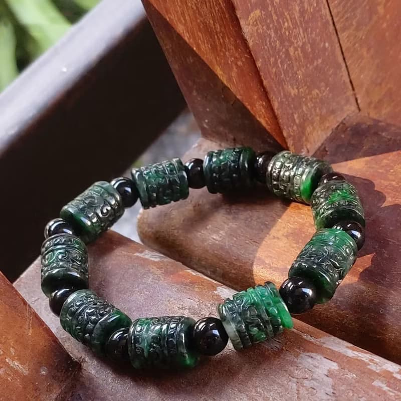 Burmese Jade Bracelet Dark Geen with Black Jade Auspicious Clouds Carved 10.5 mm