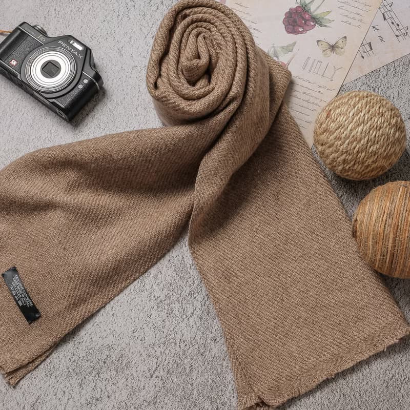 【窄版】喀什米爾羊毛圍巾 無染原色深褐 脖圍 手工機織