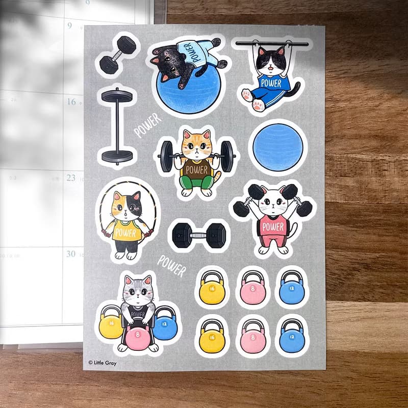 貓咪插畫圖鑑貼紙_貓咪健身中心/防水圖鑑貼紙/現貨/台灣製造