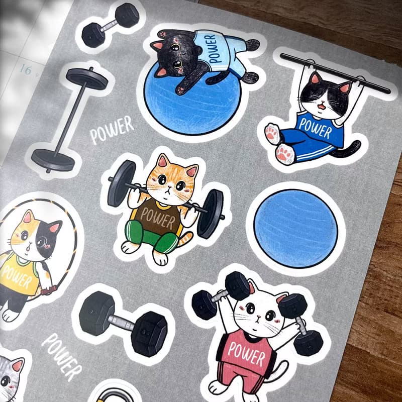 貓咪插畫圖鑑貼紙_貓咪健身中心/防水圖鑑貼紙/現貨/台灣製造