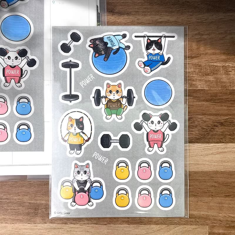貓咪插畫圖鑑貼紙_貓咪健身中心/防水圖鑑貼紙/現貨/台灣製造