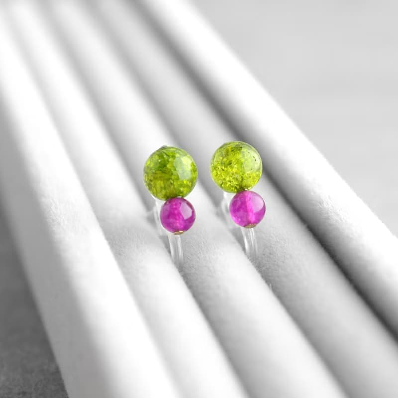 バイカラーイヤリング, クラッシュグリーン, クランベリーピンク, 水晶, 翡翠, 生日禮物, 日本製
