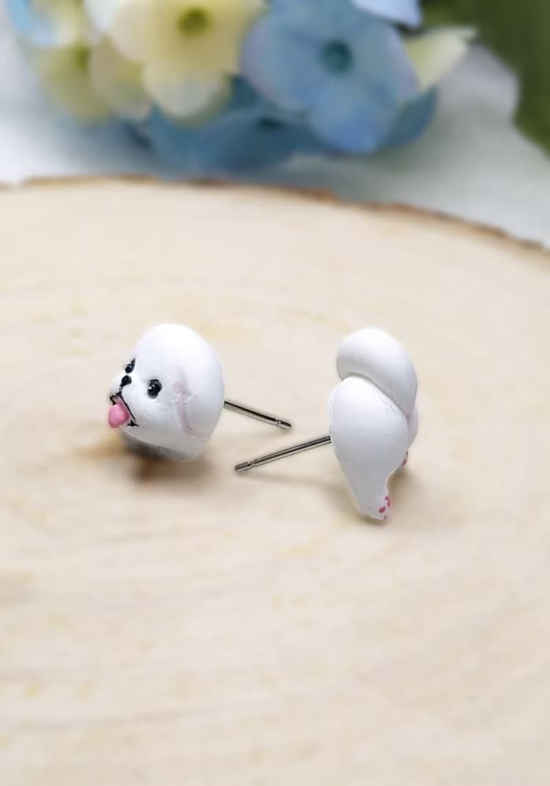 全手制 白色 北京犬耳環 耳釘/耳夾