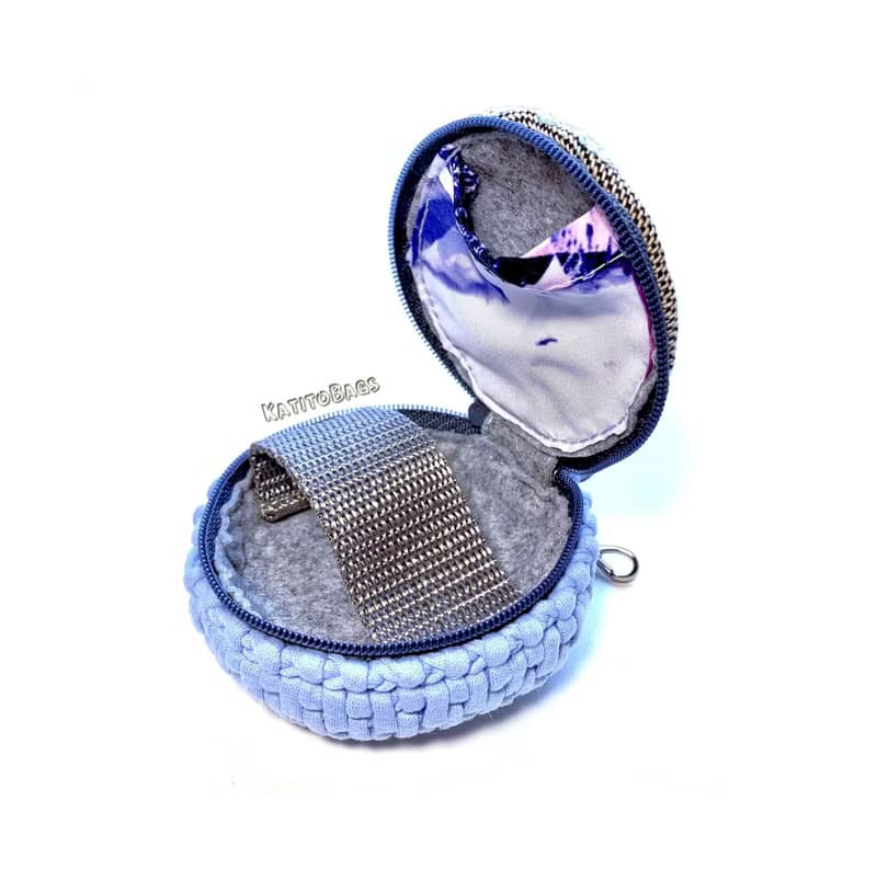 Crochet headphone case Embroidered charger holder Blue coin purse Keychain