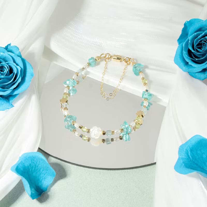 水藍色玫瑰花 - 海藍寶 橄欖石 藍磷灰石 白蝶貝 天然石手鍊