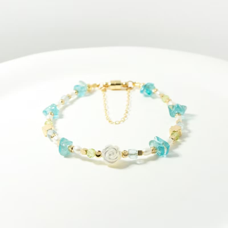 水藍色玫瑰花 - 海藍寶 橄欖石 藍磷灰石 白蝶貝 天然石手鍊