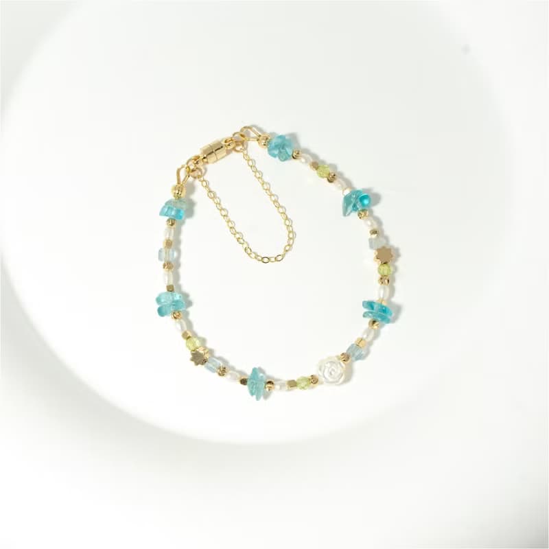 水藍色玫瑰花 - 海藍寶 橄欖石 藍磷灰石 白蝶貝 天然石手鍊