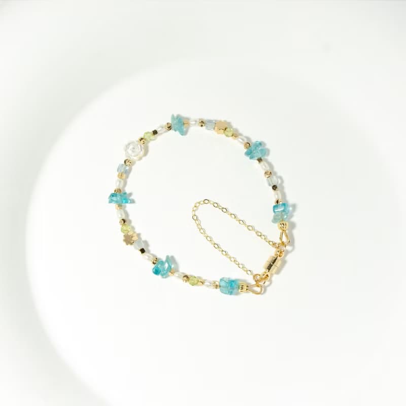 水藍色玫瑰花 - 海藍寶 橄欖石 藍磷灰石 白蝶貝 天然石手鍊