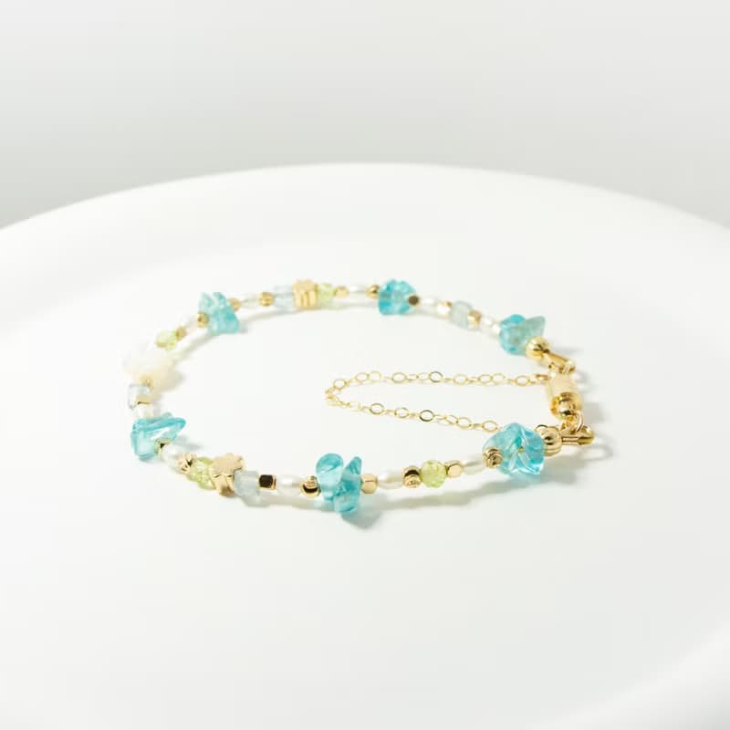 水藍色玫瑰花 - 海藍寶 橄欖石 藍磷灰石 白蝶貝 天然石手鍊