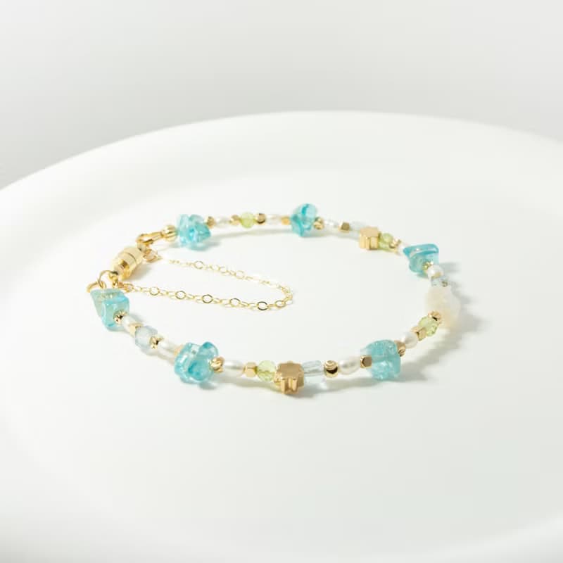 水藍色玫瑰花 - 海藍寶 橄欖石 藍磷灰石 白蝶貝 天然石手鍊