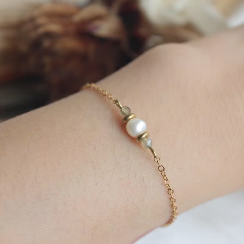 月蝕 黃銅手鍊 淡水珍珠 拉長石