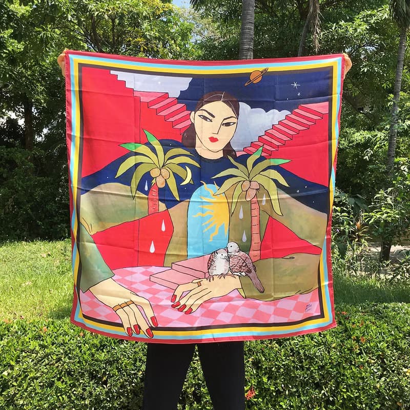 Midnight and Morning - Woman and Bird silk polyester scarf