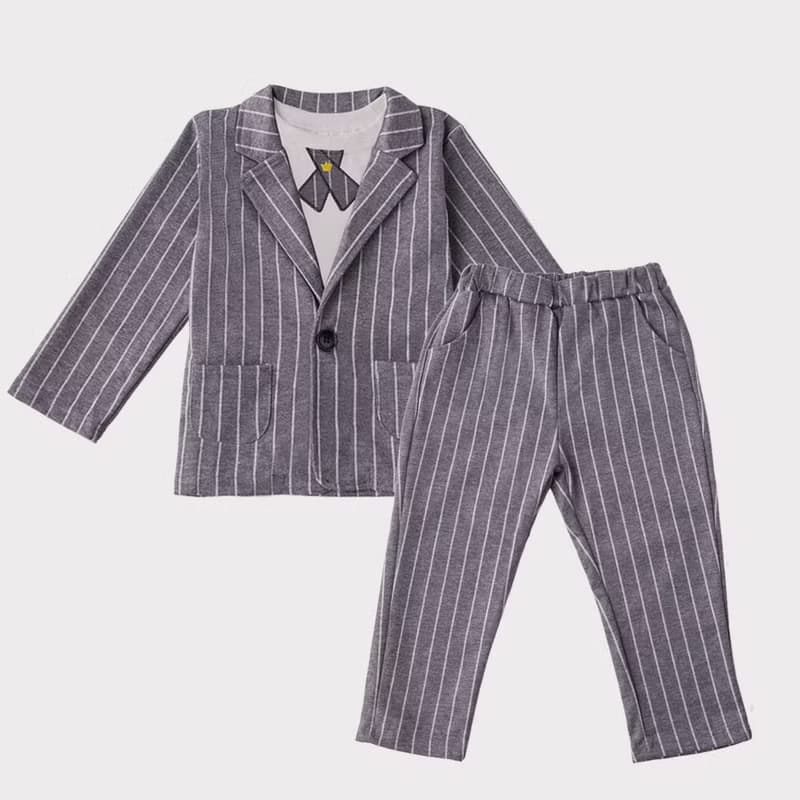 Charles系列灰色直條西裝外套褲子三件組