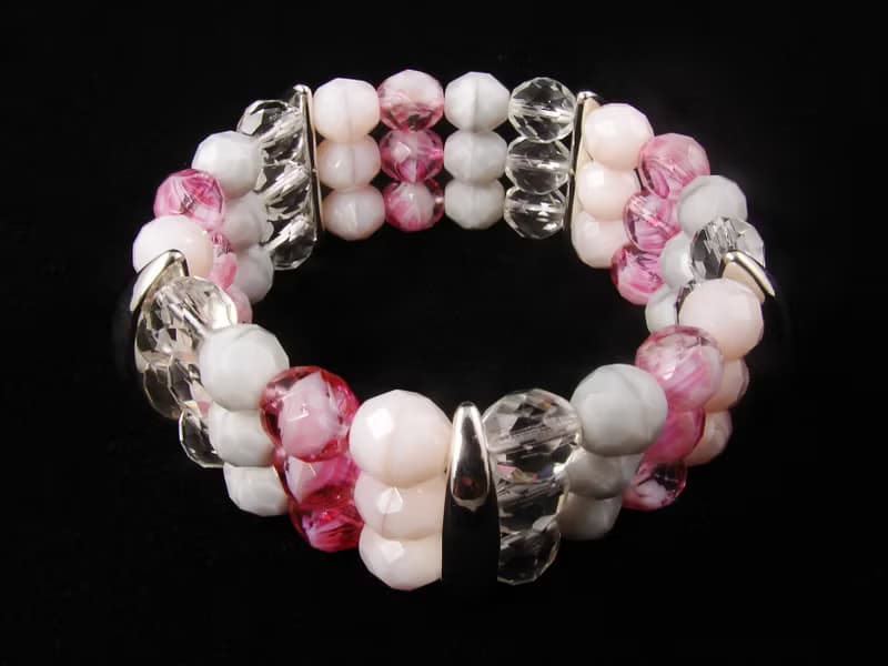 Pink Fuchsia Czech Glass Bracelet Three 3 Strand Beaded Stretch Bracelet Jewelry