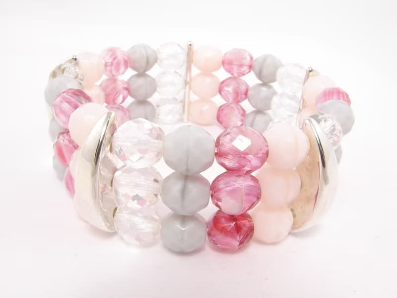 Pink Fuchsia Czech Glass Bracelet Three 3 Strand Beaded Stretch Bracelet Jewelry