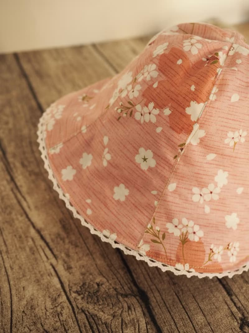手工製作雙面粉紅櫻花帽子/ 粉紅碎花防風防曬帽子 適合小孩成人