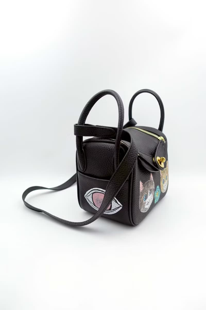 GOOKASO 黑色真皮牛皮革手繪貓咪包包手袋26cm LINDY款單肩手袋