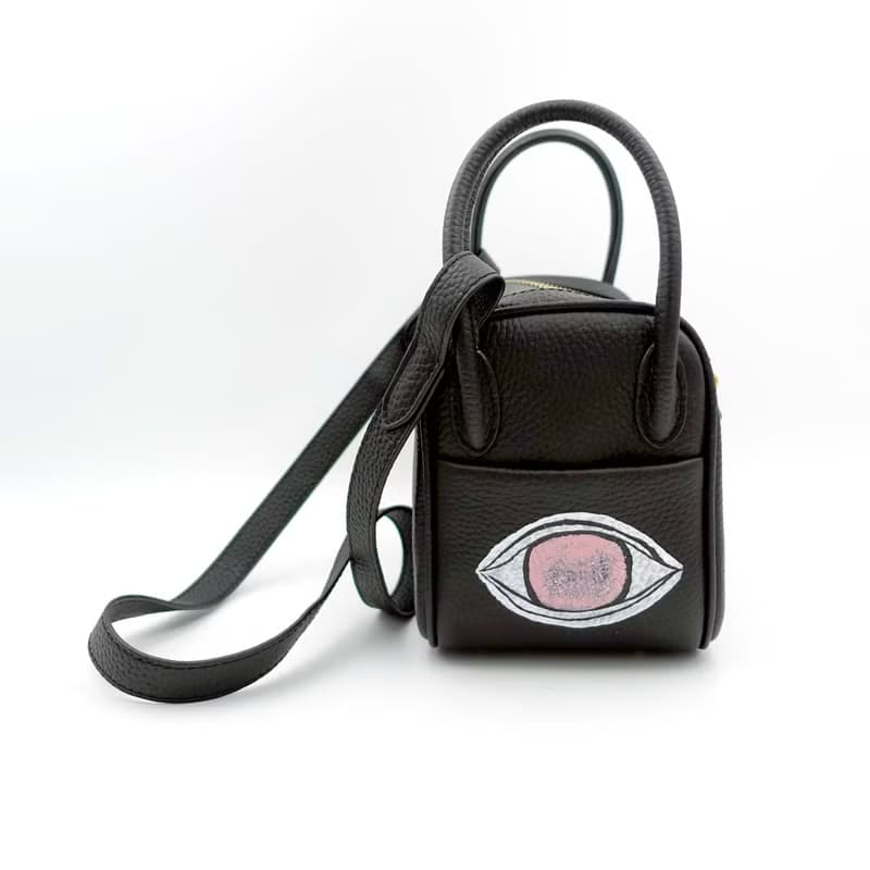 GOOKASO 黑色真皮牛皮革手繪貓咪包包手袋26cm LINDY款單肩手袋