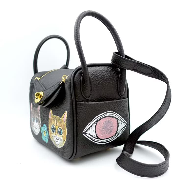 GOOKASO 黑色真皮牛皮革手繪貓咪包包手袋26cm LINDY款單肩手袋