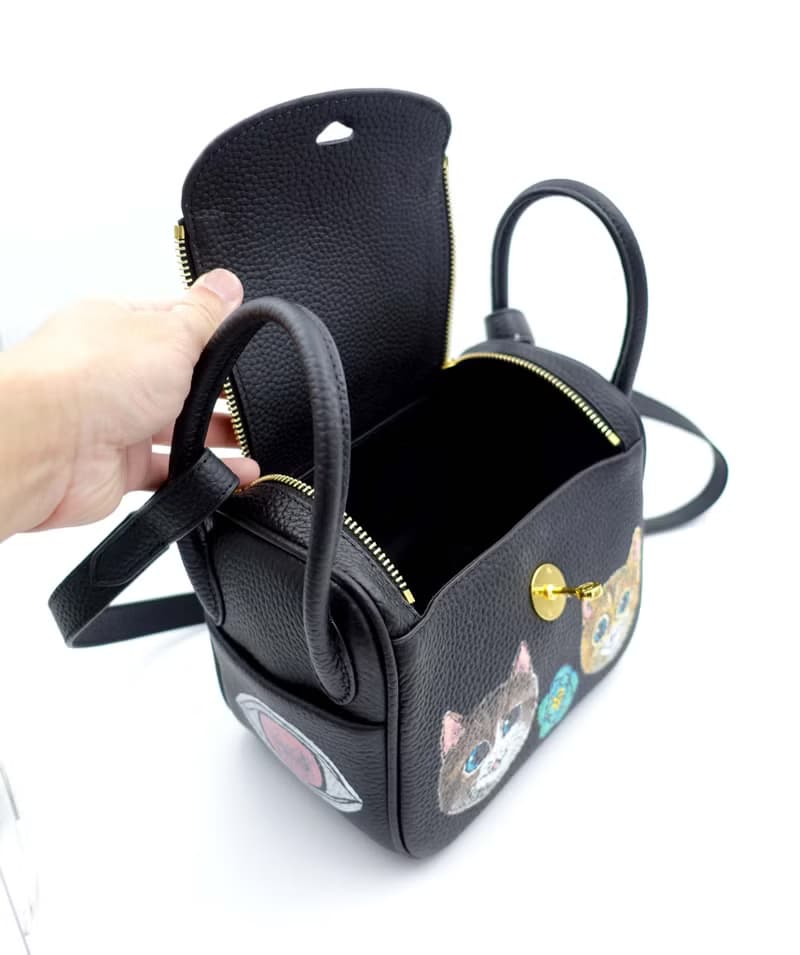 GOOKASO 黑色真皮牛皮革手繪貓咪包包手袋26cm LINDY款單肩手袋