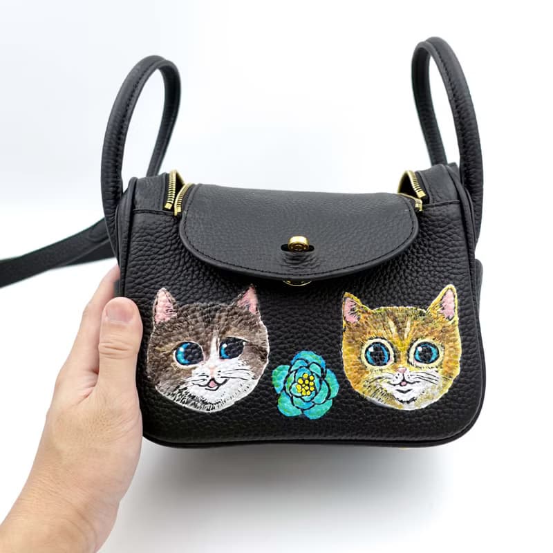 GOOKASO 黑色真皮牛皮革手繪貓咪包包手袋26cm LINDY款單肩手袋