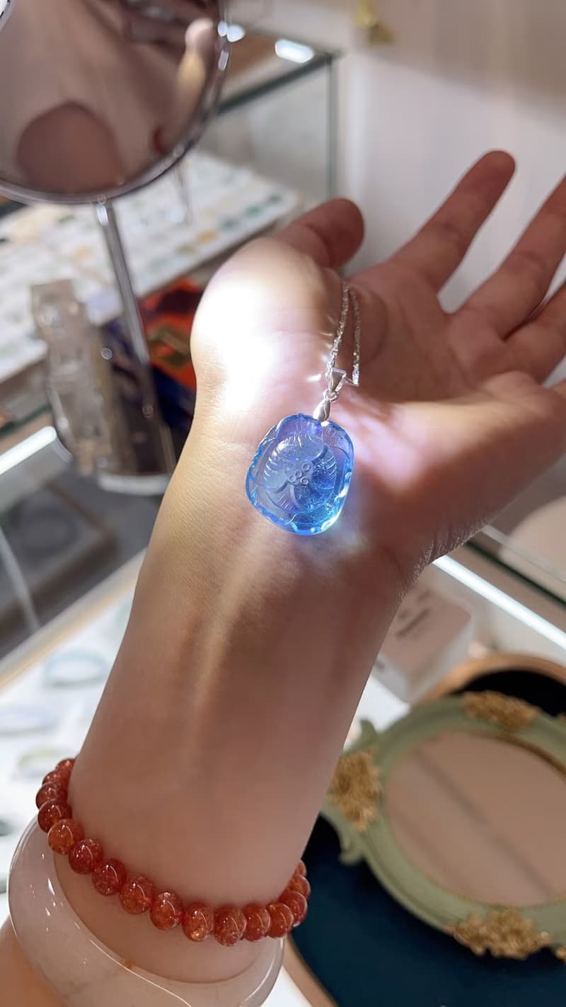 畢業級海藍寶牡丹花立體手工雕刻項鍊平穩身心舒緩壓力