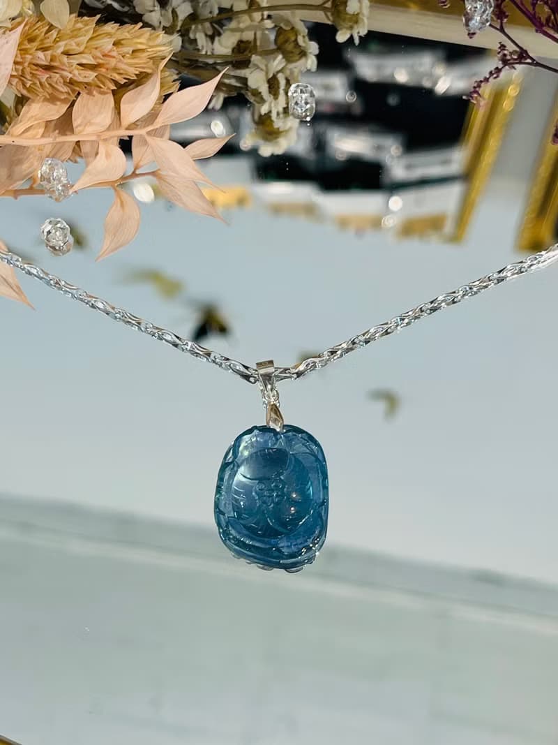 畢業級海藍寶牡丹花立體手工雕刻項鍊平穩身心舒緩壓力