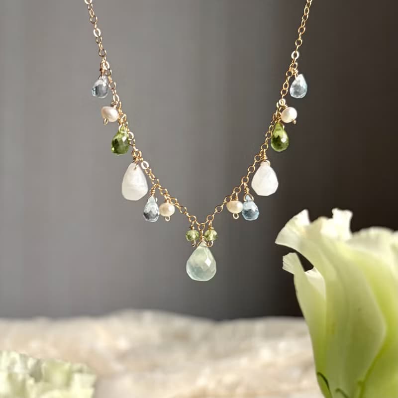14KGF 葡萄石 x 月光石 x 橄欖石 項鍊
