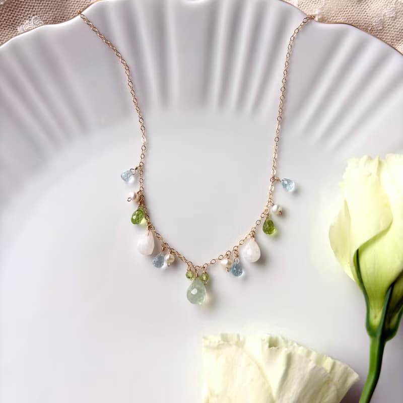 14KGF 葡萄石 x 月光石 x 橄欖石 項鍊