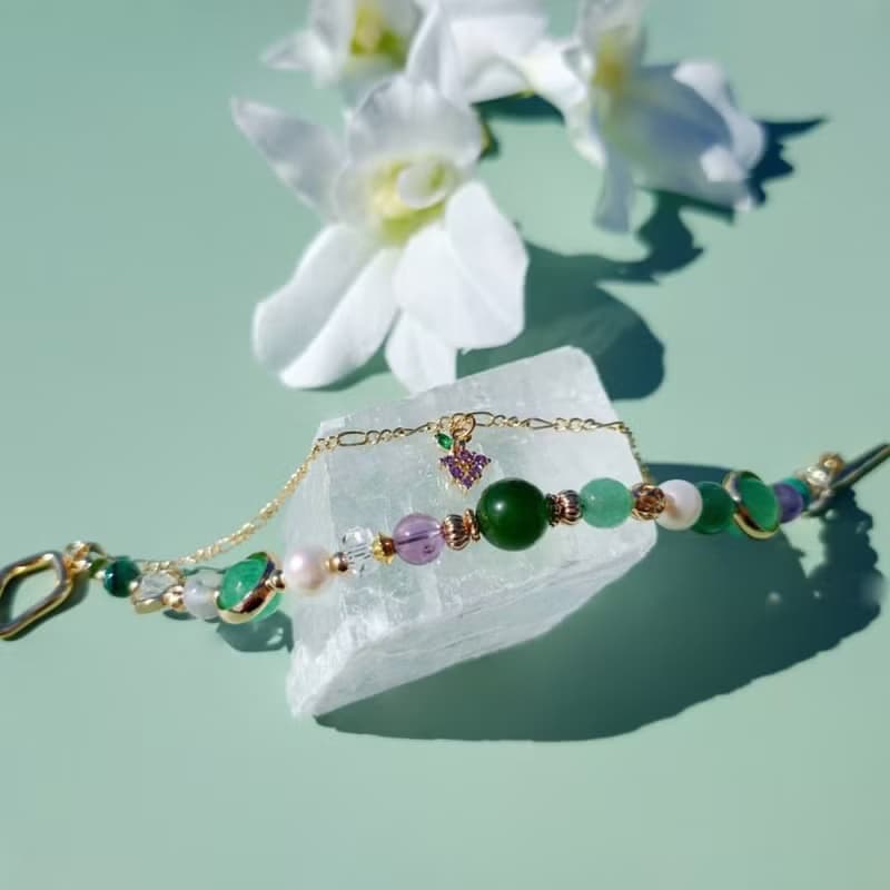 南方莊園。碧玉 淡水珍珠 紫幽靈 14K包金 水晶礦石設計手鍊