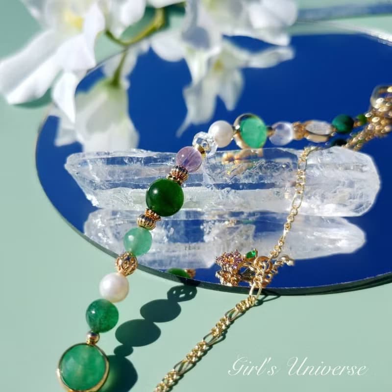 南方莊園。碧玉 淡水珍珠 紫幽靈 14K包金 水晶礦石設計手鍊