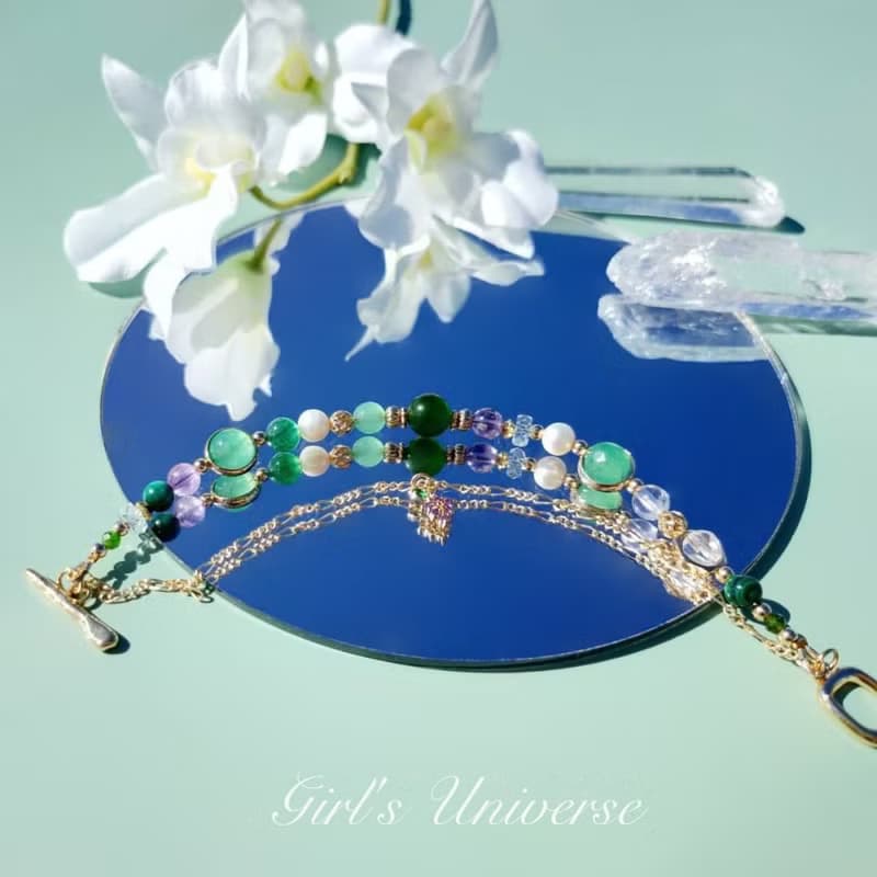 南方莊園。碧玉 淡水珍珠 紫幽靈 14K包金 水晶礦石設計手鍊