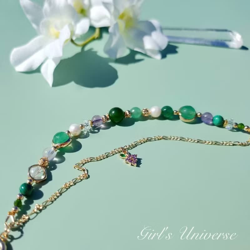 南方莊園。碧玉 淡水珍珠 紫幽靈 14K包金 水晶礦石設計手鍊