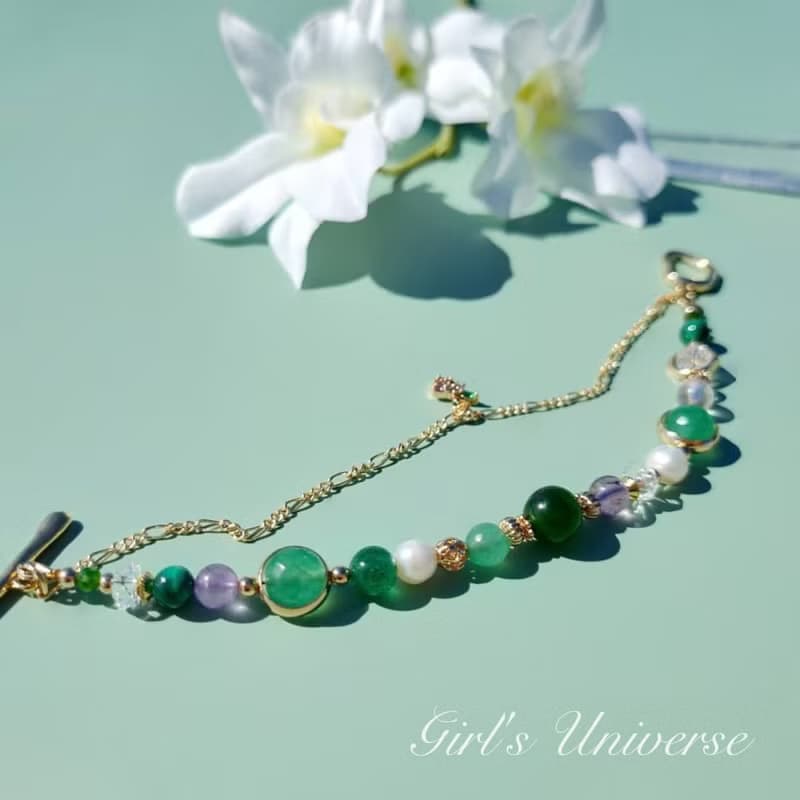 南方莊園。碧玉 淡水珍珠 紫幽靈 14K包金 水晶礦石設計手鍊