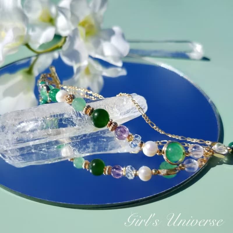 南方莊園。碧玉 淡水珍珠 紫幽靈 14K包金 水晶礦石設計手鍊