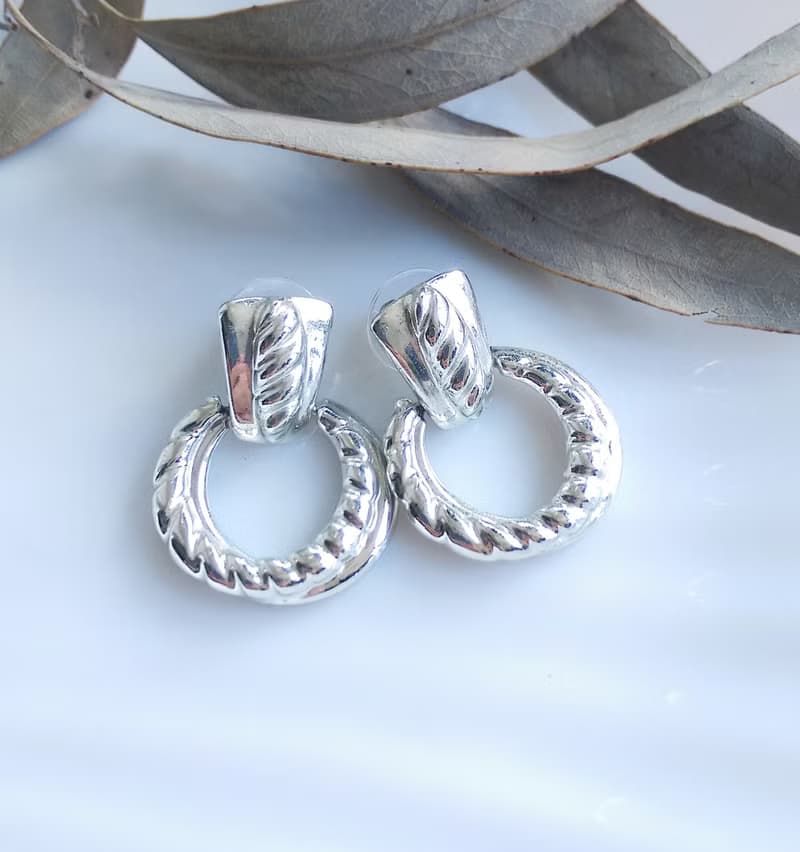 Vintage Jewelry 西洋古董飾品 銀色調 復古門環款式 針式耳環
