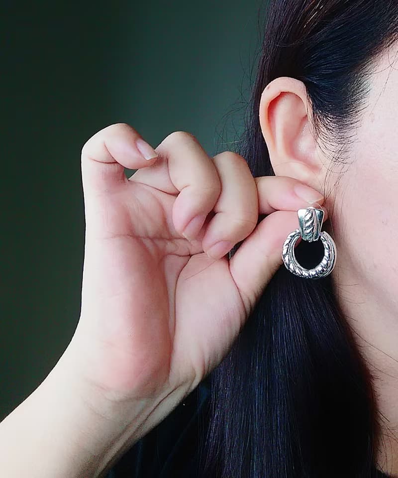 Vintage Jewelry 西洋古董飾品 銀色調 復古門環款式 針式耳環