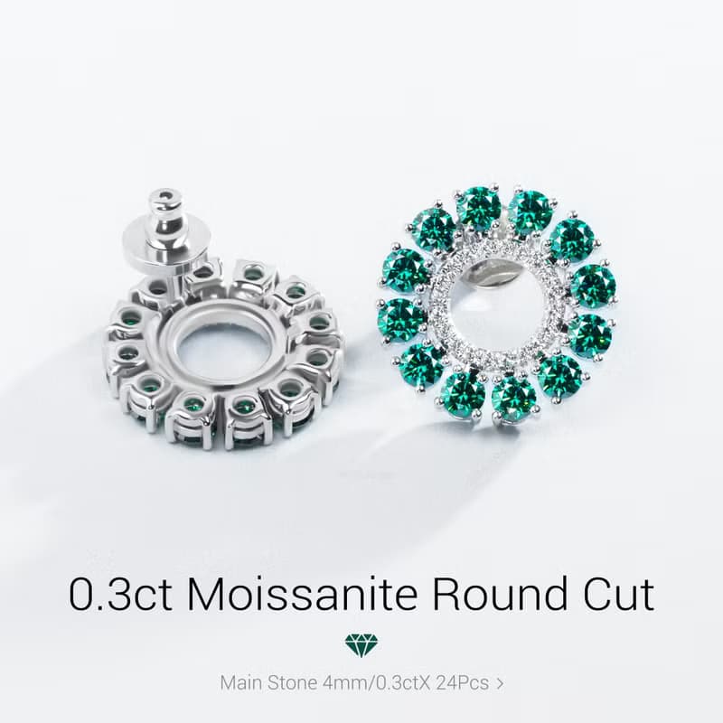 7.63ct 4mm圓形切割綠色莫桑石925銀鍍18K白金耳環莫桑石耳環