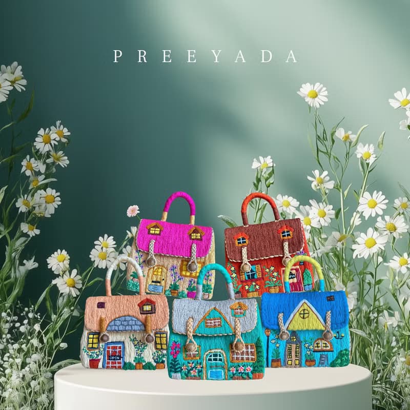 Water hyacinth bag, hand-embroidered with house pattern, new collection