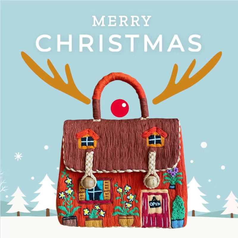 Water hyacinth bag, hand-embroidered with house pattern, new collection