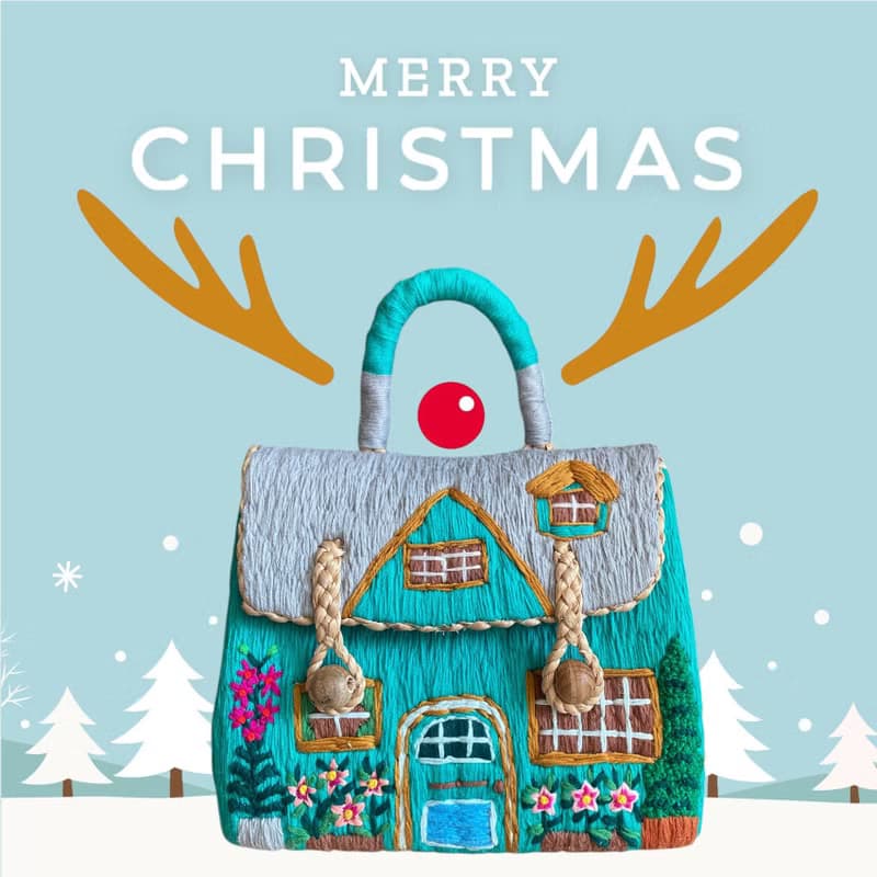 Water hyacinth bag, hand-embroidered with house pattern, new collection