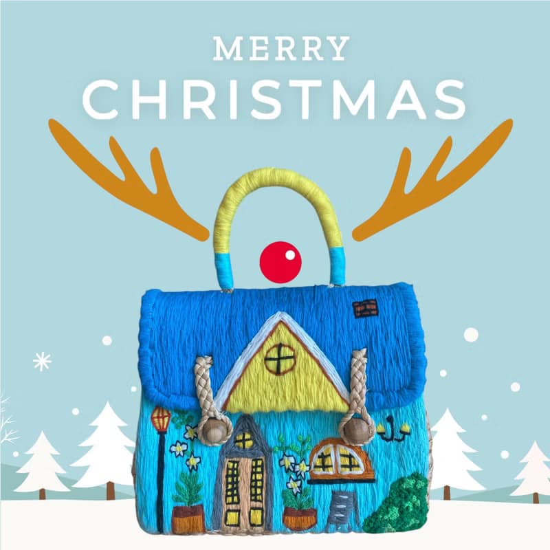 Water hyacinth bag, hand-embroidered with house pattern, new collection
