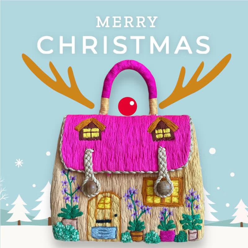 Water hyacinth bag, hand-embroidered with house pattern, new collection