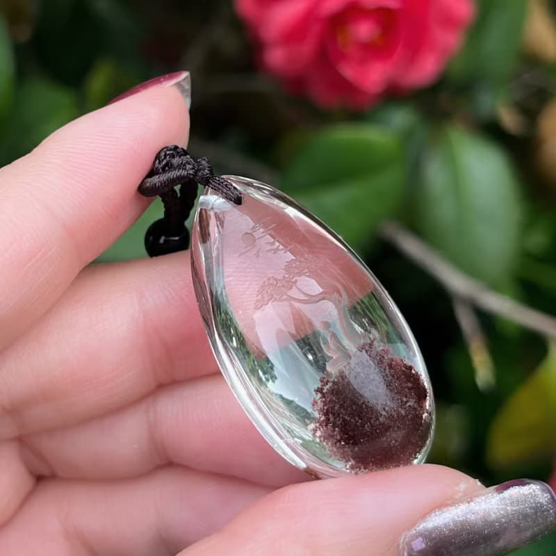 天然紅幽靈水晶吊墜手工陰雕悟道人生原創意境半盆冰透淨體女