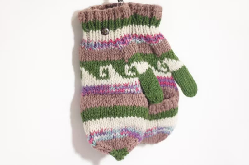 情人節禮物 限量一件針織純羊毛保暖手套 / 2ways手套 / 露趾手套 / 內刷毛手套 / 針織手套 - 漸層色草原拼色民族圖騰